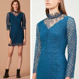 Sandro Bartsie Guipure Lace Mini Dress Teal Blue